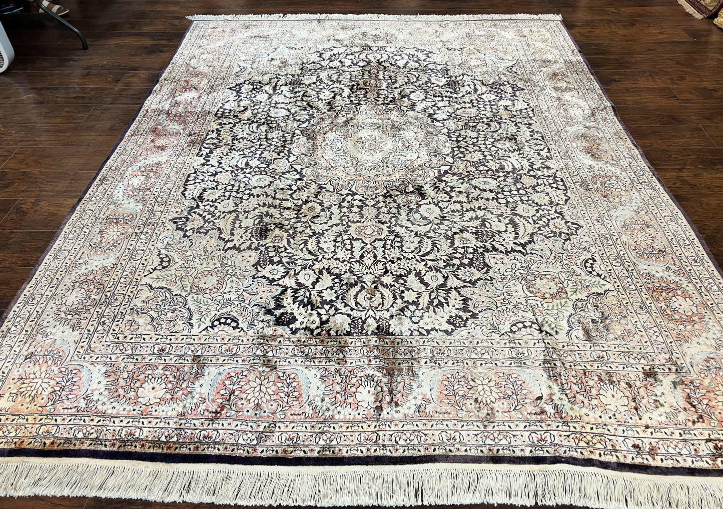 Silk Indian Kashmiri Rug 8x10, Floral Medallion, Indo Persian Carpet, Handmade Vintage Silk Rug