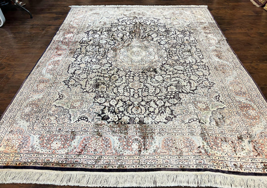 Silk Indian Kashmiri Rug 8x10, Floral Medallion, Indo Persian Carpet, Handmade Vintage Silk Rug