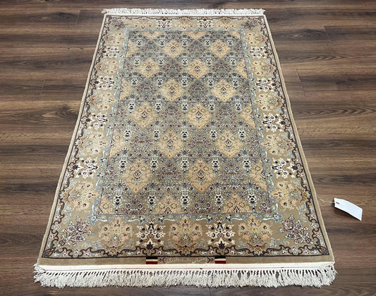 Super Fine Persian Isfahan Rug 3x5 ft, Kork Wool on Silk Foundation, Repeated Floral Motif, Taupe Tan Hand Knotted Oriental Carpet 3 x 5 ft, Signed