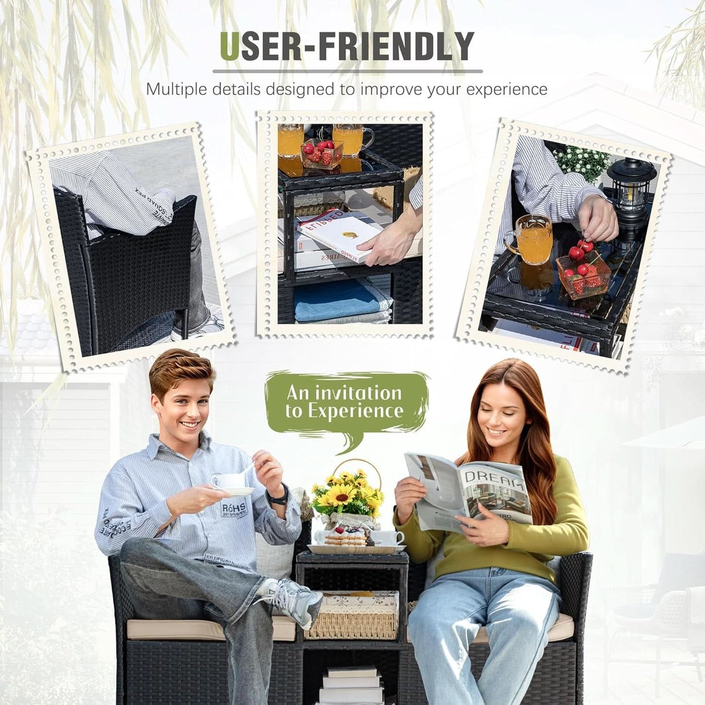 Patio Loveseat Outdoor Wicker Conversation Set With Built In Coffee Table Beige