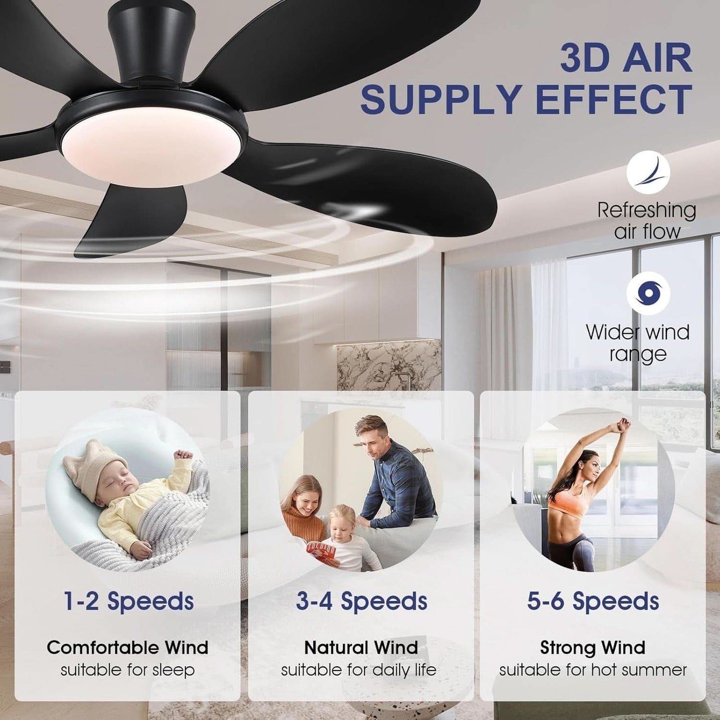 48 Inch Black Ceiling Fan With DC Motor Remote LED