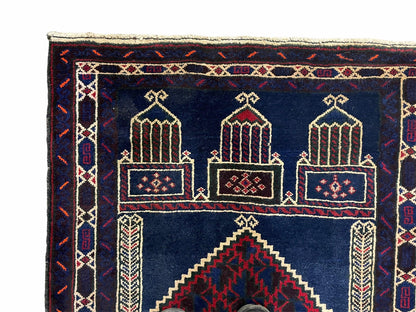3x5 Vintage Handmade Tribal Wool Rug Balouchi Prayer Rug Afghan Rug Red Blue Wow