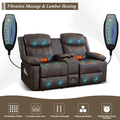 Brown PU Leather Two Seater Loveseat Recliner With Console And Double Reclining