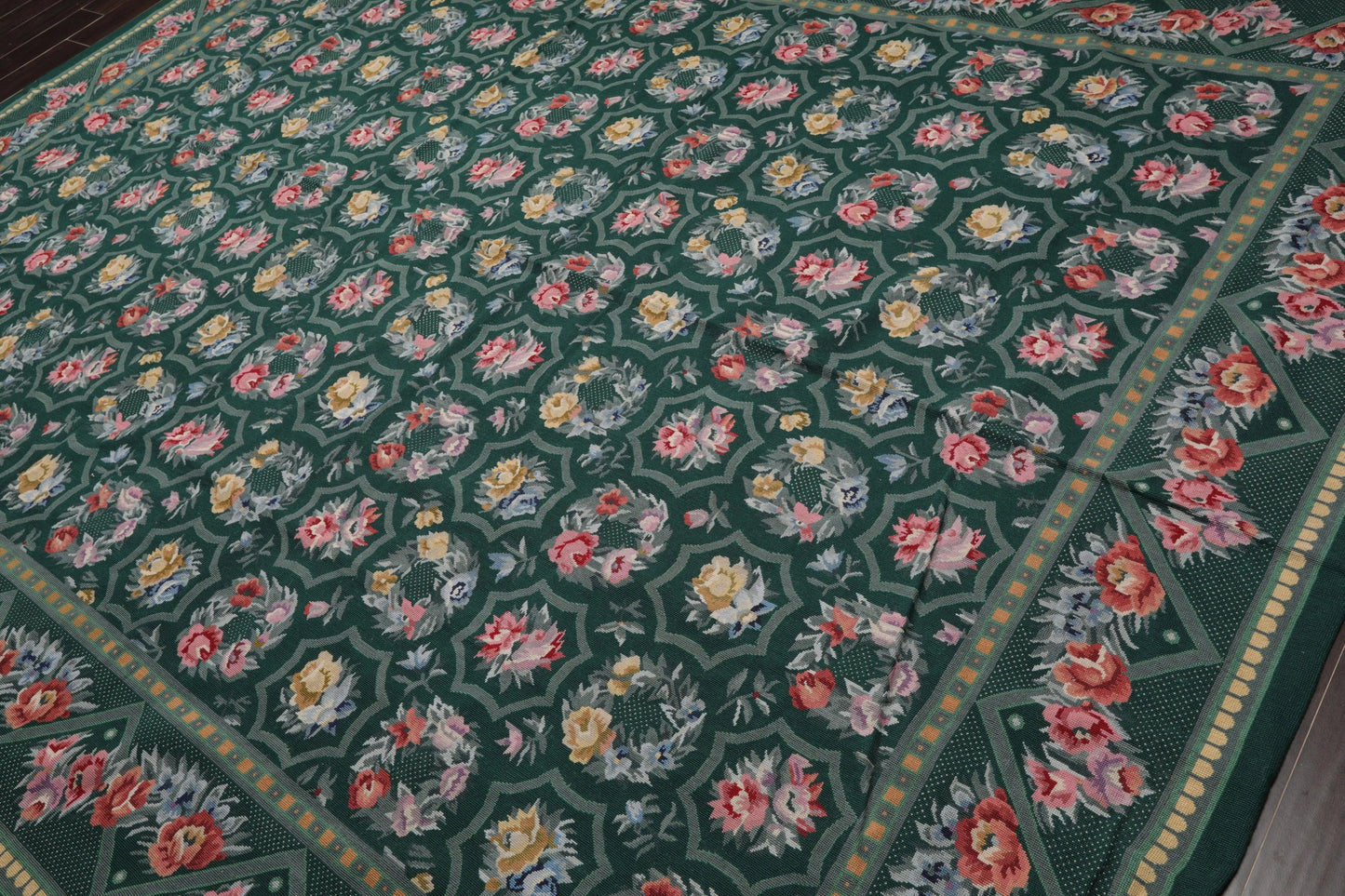 Hand Woven 100% Wool Floral French Aubusson Needlepoint Area Rug Green 9' x 12'