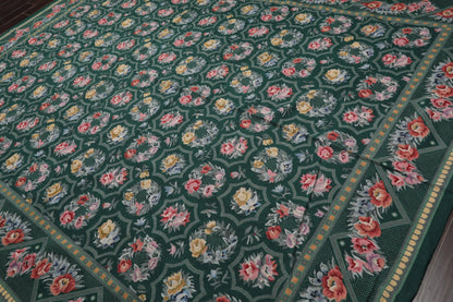 Hand Woven 100% Wool Floral French Aubusson Needlepoint Area Rug Green 9' x 12'