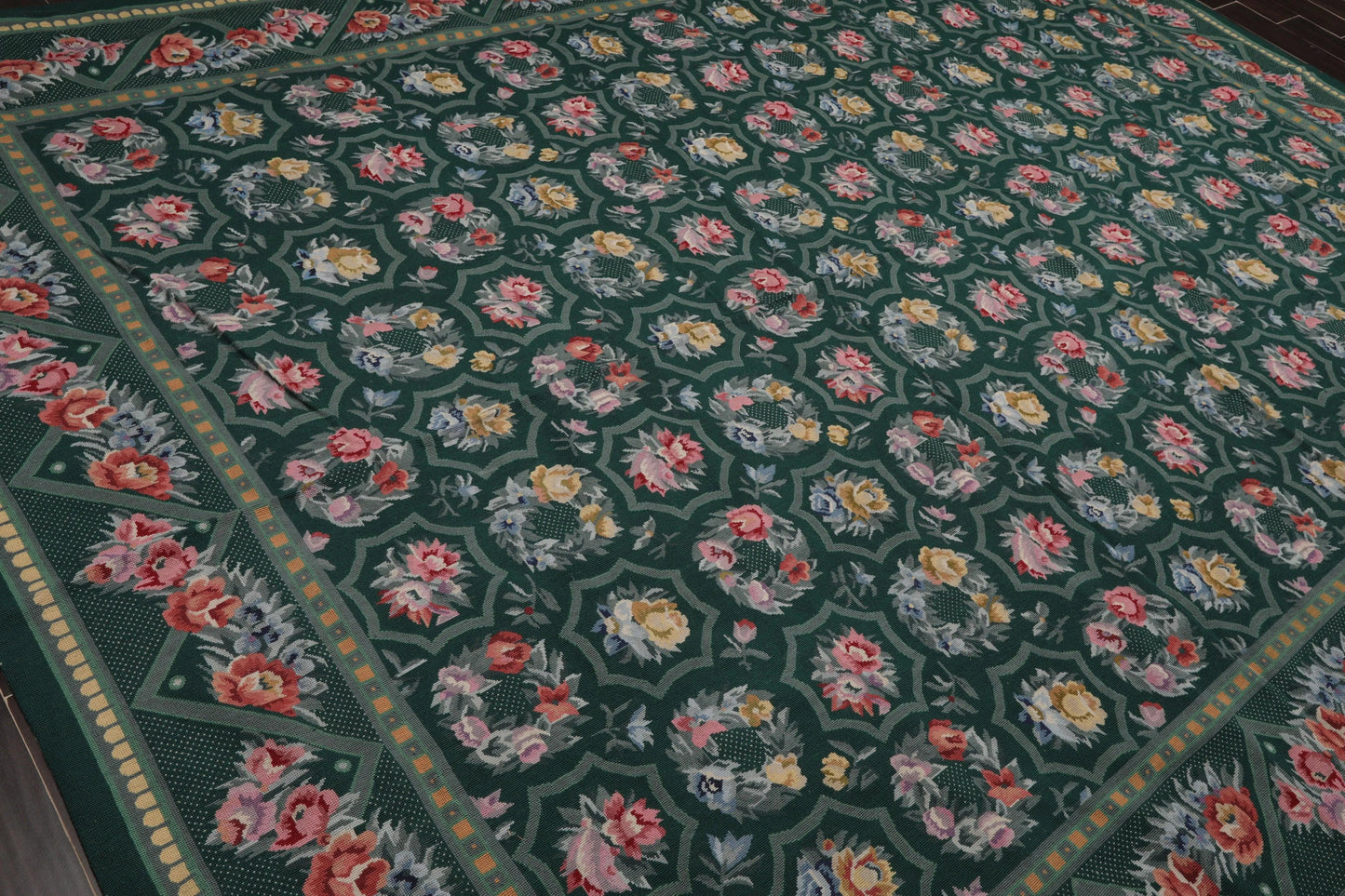 Hand Woven 100% Wool Floral French Aubusson Needlepoint Area Rug Green 9' x 12'