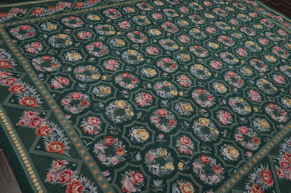 Hand Woven 100% Wool Floral French Aubusson Needlepoint Area Rug Green 9' x 12'