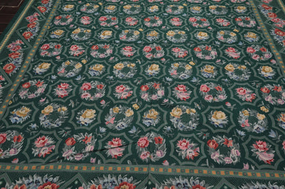 Hand Woven 100% Wool Floral French Aubusson Needlepoint Area Rug Green 9' x 12'