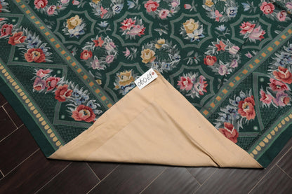 Hand Woven 100% Wool Floral French Aubusson Needlepoint Area Rug Green 9' x 12'
