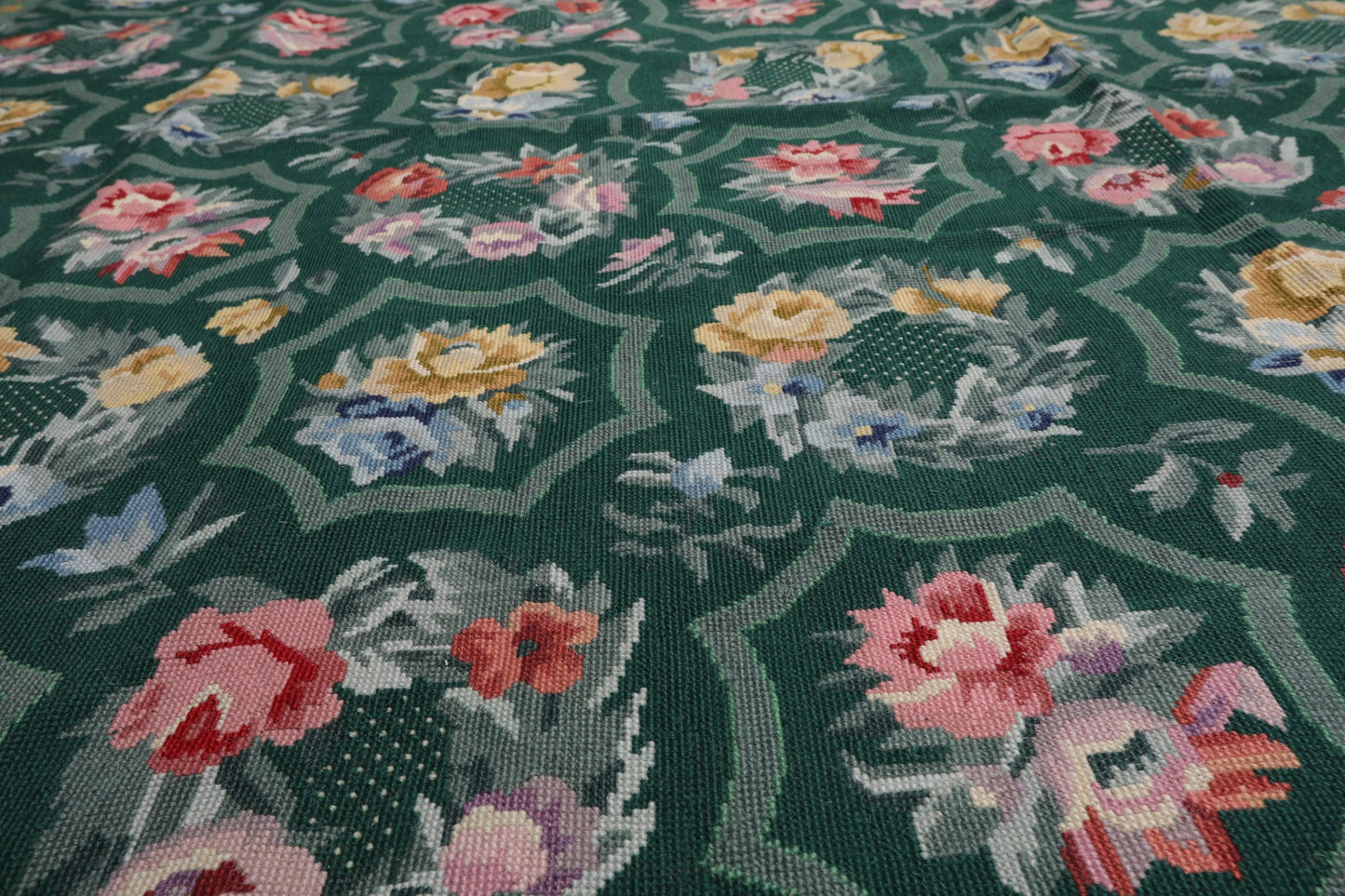 Hand Woven 100% Wool Floral French Aubusson Needlepoint Area Rug Green 9' x 12'