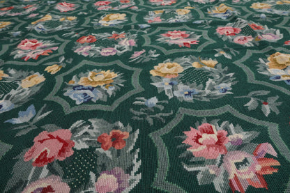 Hand Woven 100% Wool Floral French Aubusson Needlepoint Area Rug Green 9' x 12'
