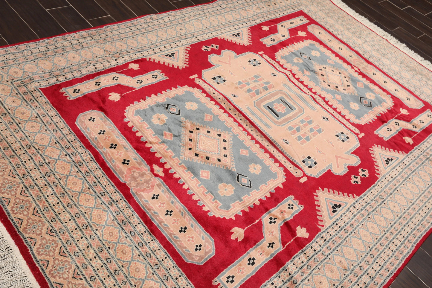 6'x9' Red  Rose  Blue, Navy, Tan, Multi Color Hand Woven Persian Oriental Area Rug Wool Traditional Oriental Rug