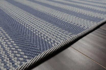 LoomBloom Multi Size Tone on Tone Blue Hand Woven Striped Modern Herringbone  New Zealand Wool Oriental Area Rug