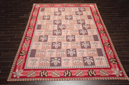 9' x 12' Hand Woven Wool French Aubusson Flatweave Area Rug Rose