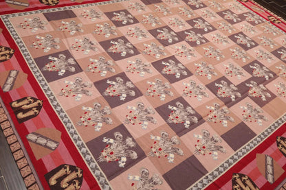 9' x 12' Hand Woven Wool French Aubusson Flatweave Area Rug Rose