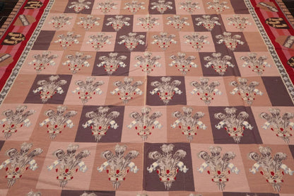 9' x 12' Hand Woven Wool French Aubusson Flatweave Area Rug Rose