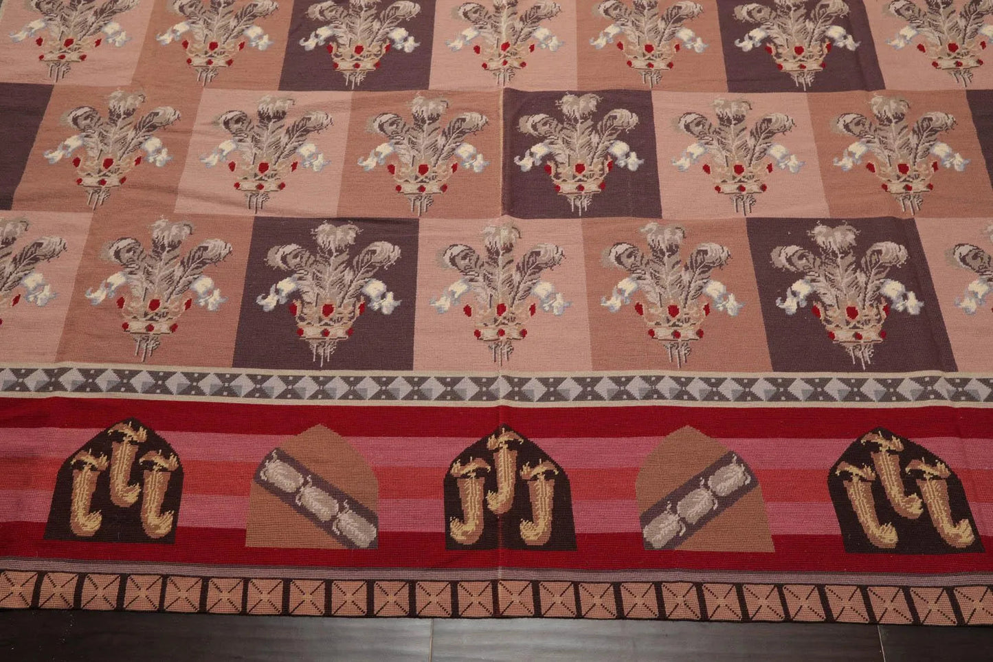 9' x 12' Hand Woven Wool French Aubusson Flatweave Area Rug Rose