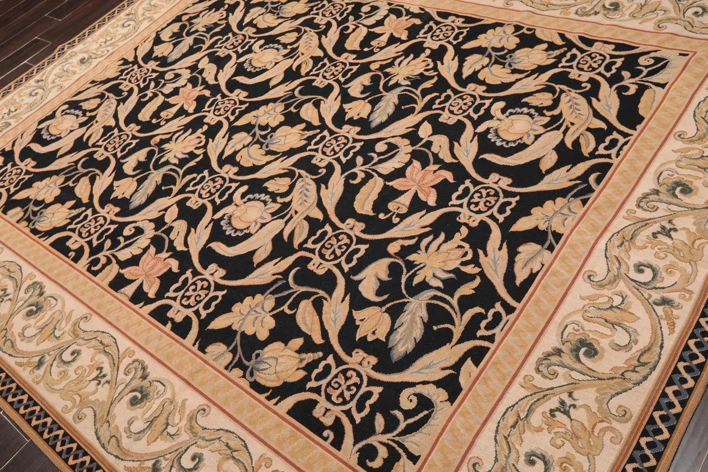 8'x10' Hand Woven Wool French Aubusson Botanical Flatweave Area Rug Black