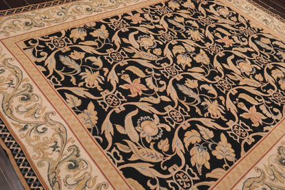 8'x10' Hand Woven Wool French Aubusson Botanical Flatweave Area Rug Black