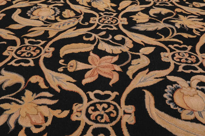 8'x10' Hand Woven Wool French Aubusson Botanical Flatweave Area Rug Black