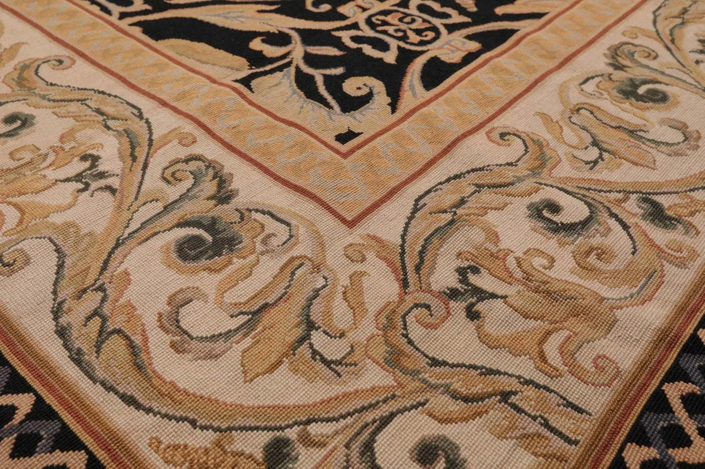 8'x10' Hand Woven Wool French Aubusson Botanical Flatweave Area Rug Black