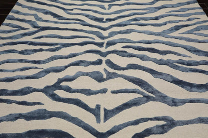 Multi Sizes Handmade Wool & Faux Silk Animal Print Zebra Area Rug Ivory Blue