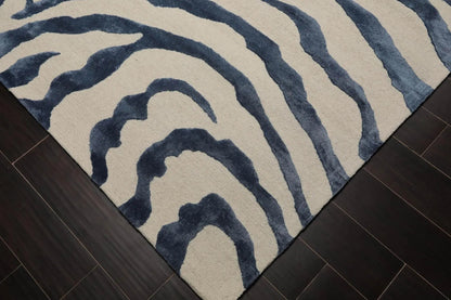 Multi Sizes Handmade Wool & Faux Silk Animal Print Zebra Area Rug Ivory Blue