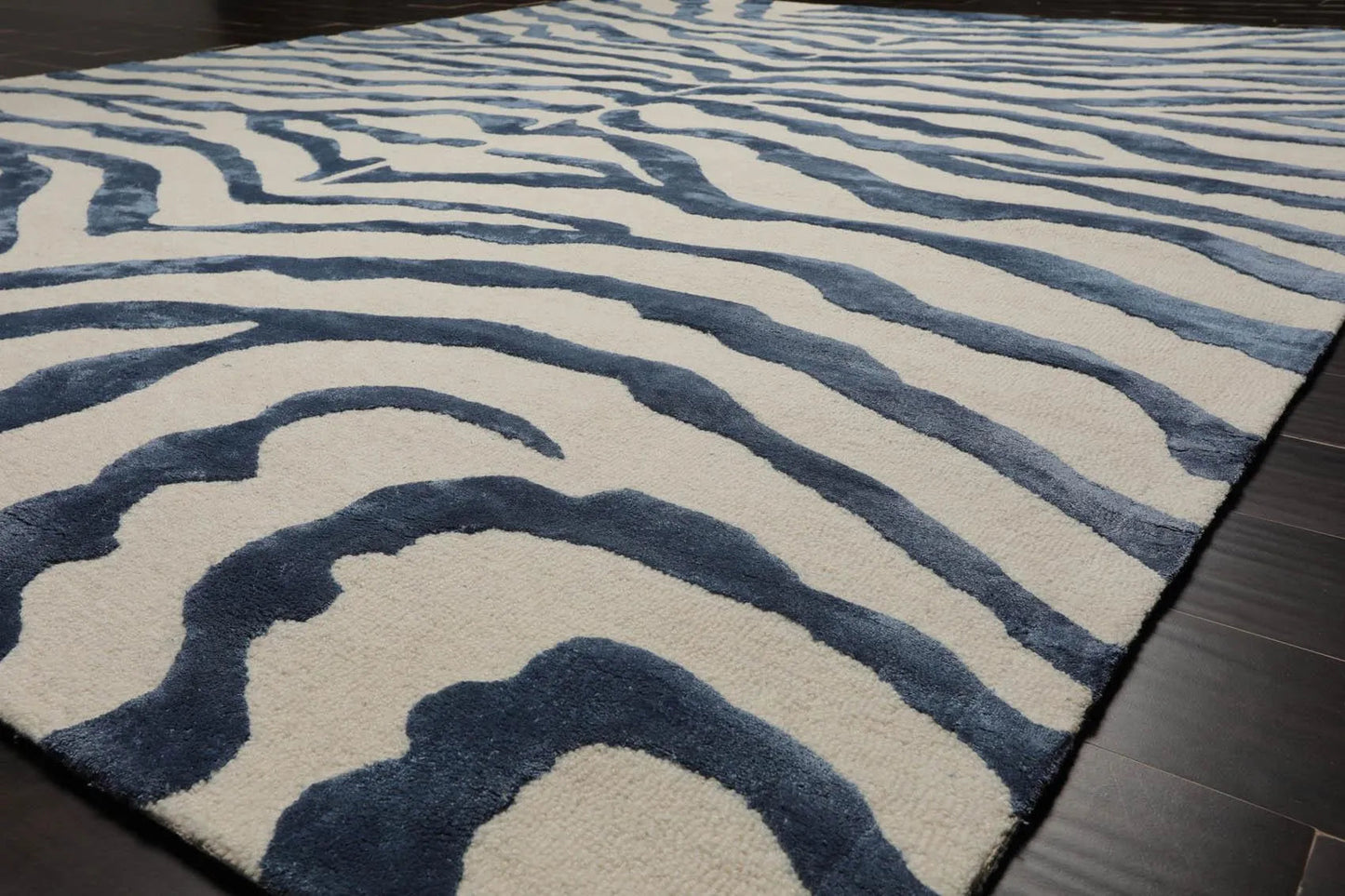 Multi Sizes Handmade Wool & Faux Silk Animal Print Zebra Area Rug Ivory Blue