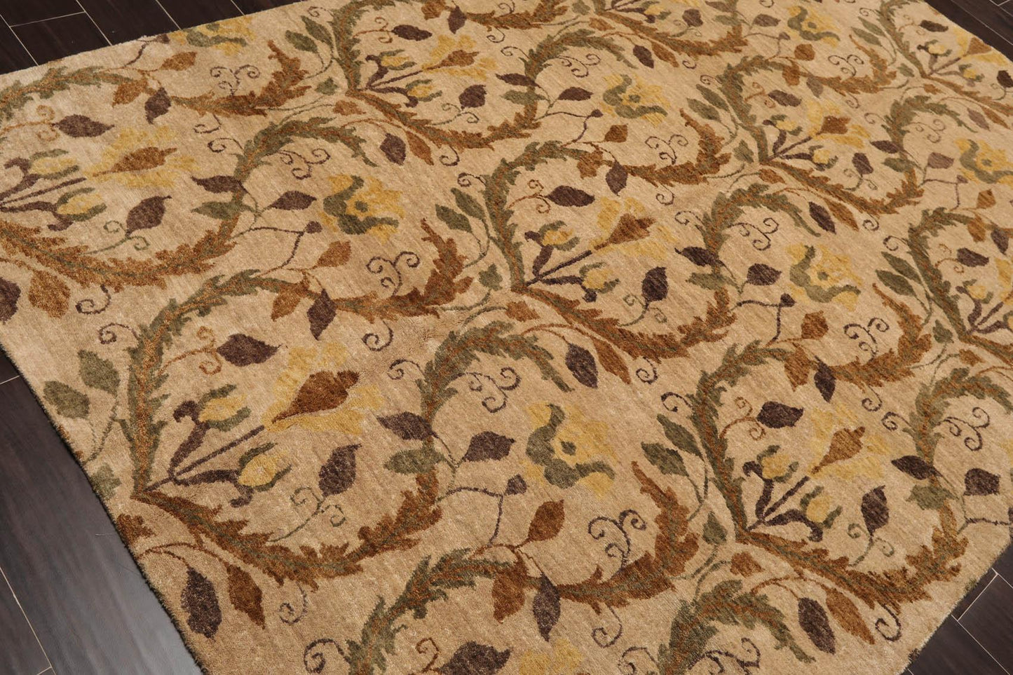5'11" x 8'10" Hand Knotted Botanical New Zealand Wool Oriental Area Rug Tan