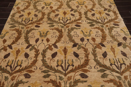5'11" x 8'10" Hand Knotted Botanical New Zealand Wool Oriental Area Rug Tan