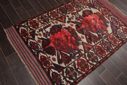 4'2" x 6'4" Antique Hand Knotted Wool High low Pile Oriental Area Rug Beige