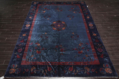 10'x13'6" Antique Art Deco Plush Pile Hand Knotted Wool Oriental Area Rug Navy