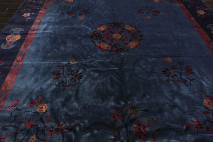 10'x13'6" Antique Art Deco Plush Pile Hand Knotted Wool Oriental Area Rug Navy