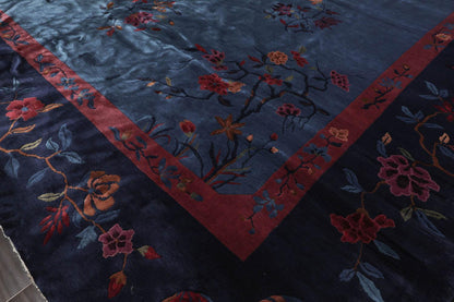 10'x13'6" Antique Art Deco Plush Pile Hand Knotted Wool Oriental Area Rug Navy