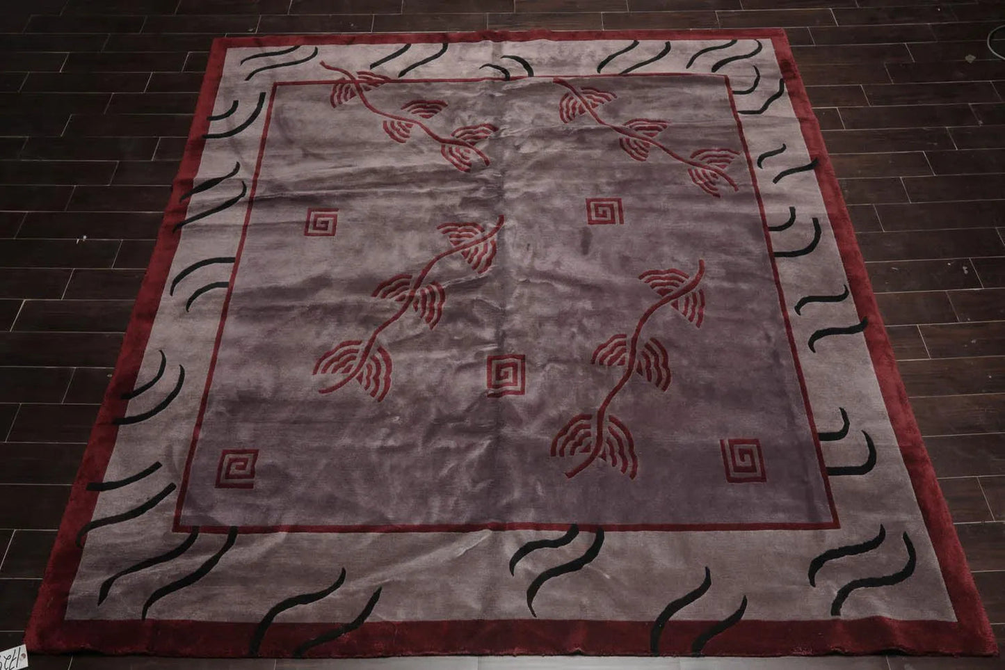 Endless Knots Tibetan Square Hand Knotted Wool Area Rug Aubergine 9'4'' x 9'6''