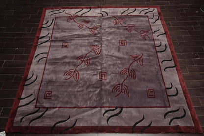 Endless Knots Tibetan Square Hand Knotted Wool Area Rug Aubergine 9'4'' x 9'6''