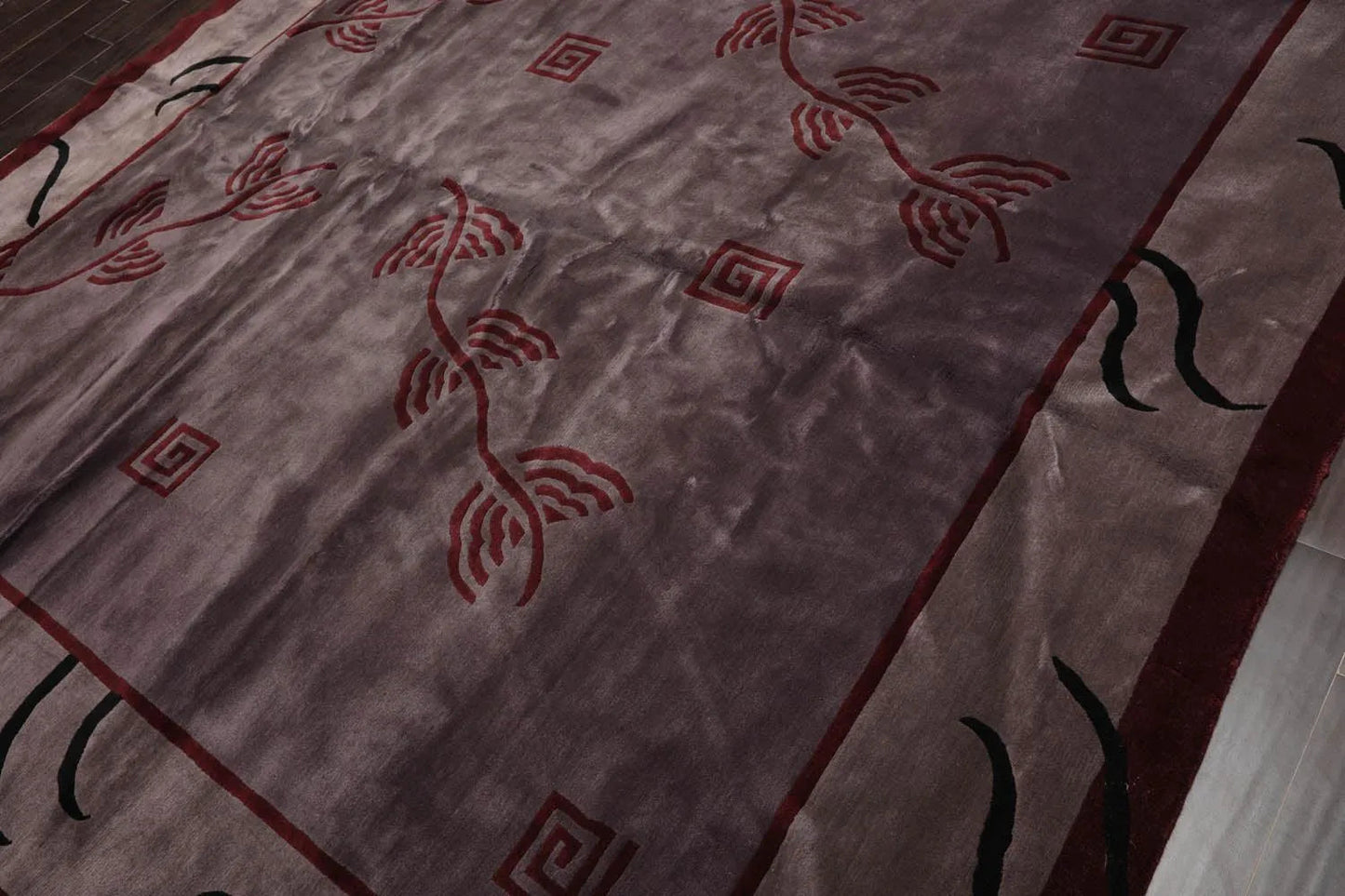 Endless Knots Tibetan Square Hand Knotted Wool Area Rug Aubergine 9'4'' x 9'6''