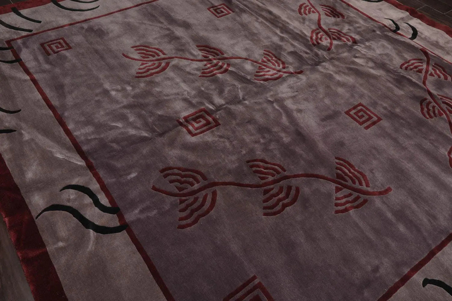 Endless Knots Tibetan Square Hand Knotted Wool Area Rug Aubergine 9'4'' x 9'6''