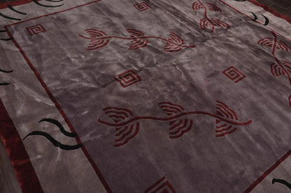 Endless Knots Tibetan Square Hand Knotted Wool Area Rug Aubergine 9'4'' x 9'6''