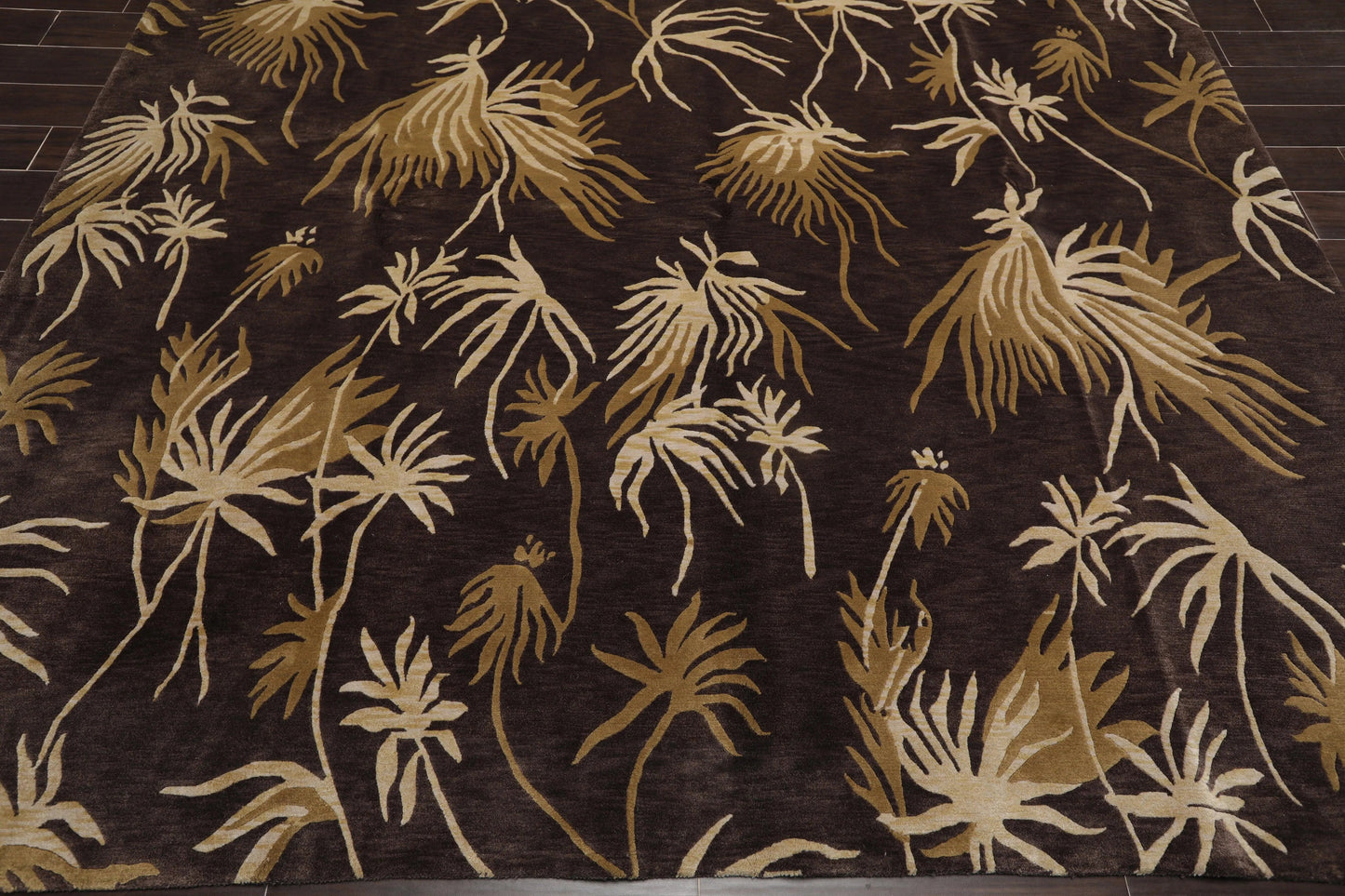 9' x 12'Tibetan Hand Knotted Botanical Designer Wool Modern Area Rug Coffee