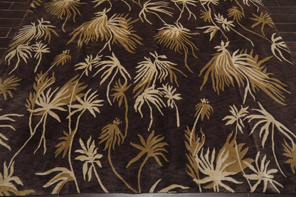 9' x 12'Tibetan Hand Knotted Botanical Designer Wool Modern Area Rug Coffee