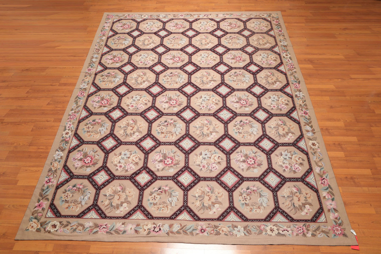 9' x 12' Hand Woven Floral 100% Wool French Needlepoint Area Rug Tan