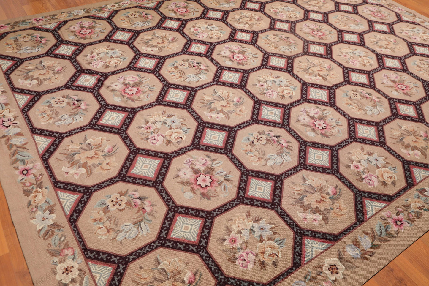 9' x 12' Hand Woven Floral 100% Wool French Needlepoint Area Rug Tan