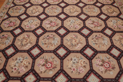 9' x 12' Hand Woven Floral 100% Wool French Needlepoint Area Rug Tan