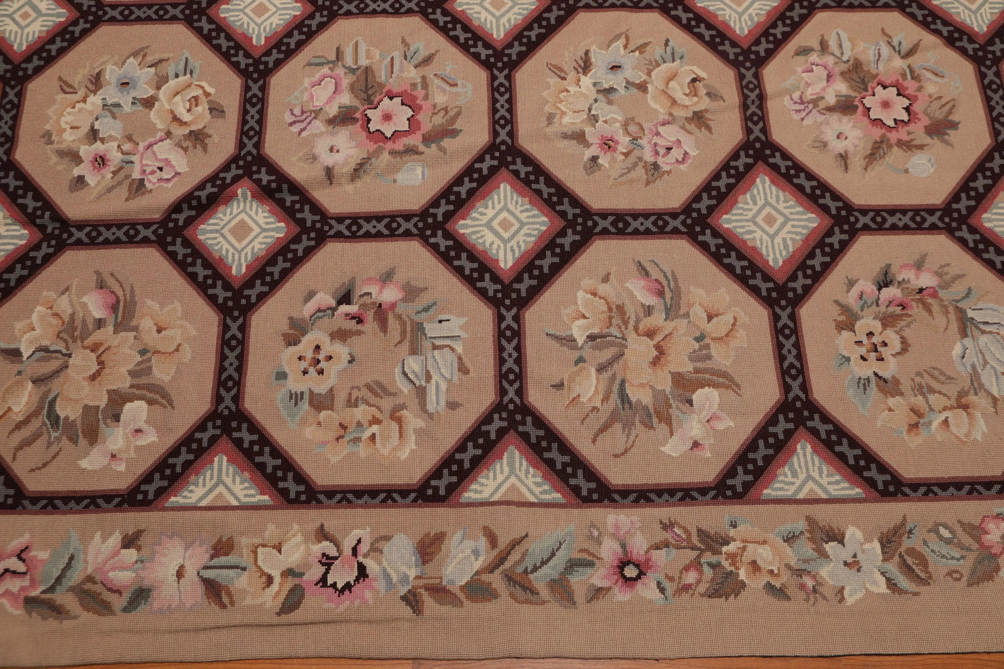 9' x 12' Hand Woven Floral 100% Wool French Needlepoint Area Rug Tan