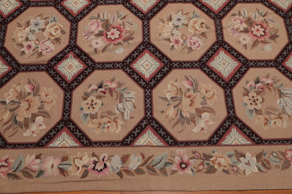 9' x 12' Hand Woven Floral 100% Wool French Needlepoint Area Rug Tan