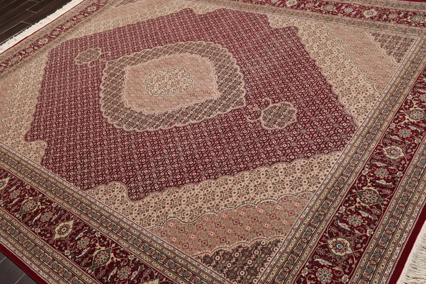 8x10 Red, Beige Hand Knotted Wool and Silk Fish Mahi Traditional 250 KPSI Oriental Area Rug