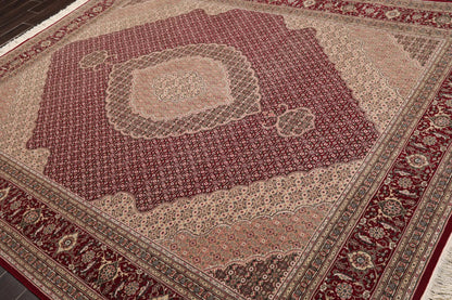 8x10 Red, Beige Hand Knotted Wool and Silk Fish Mahi Traditional 250 KPSI Oriental Area Rug