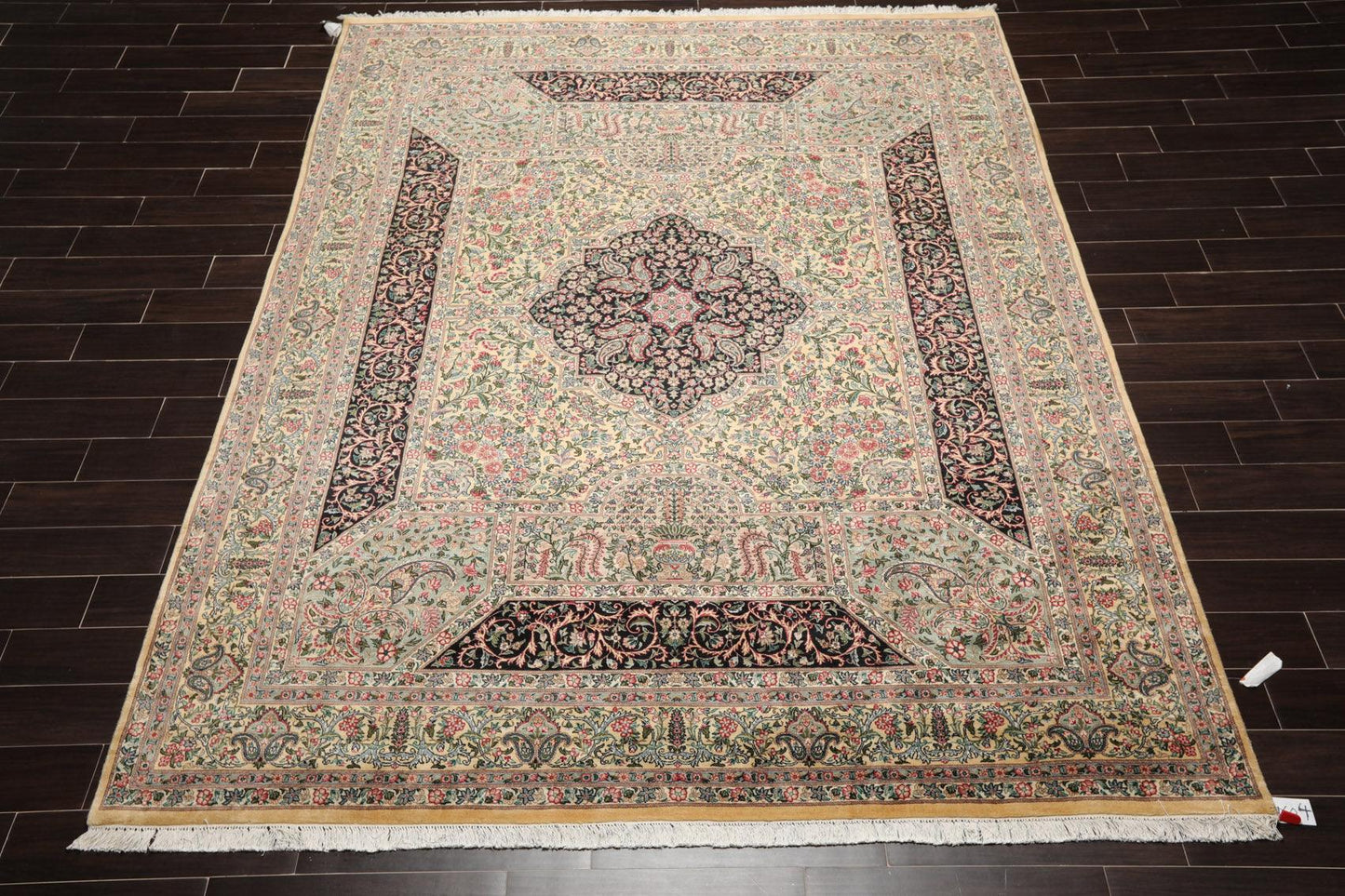 8'1"x 10'3" Hand Knotted Wool PakPersian 300 KPSI Area Rug Ivory Black Aqua