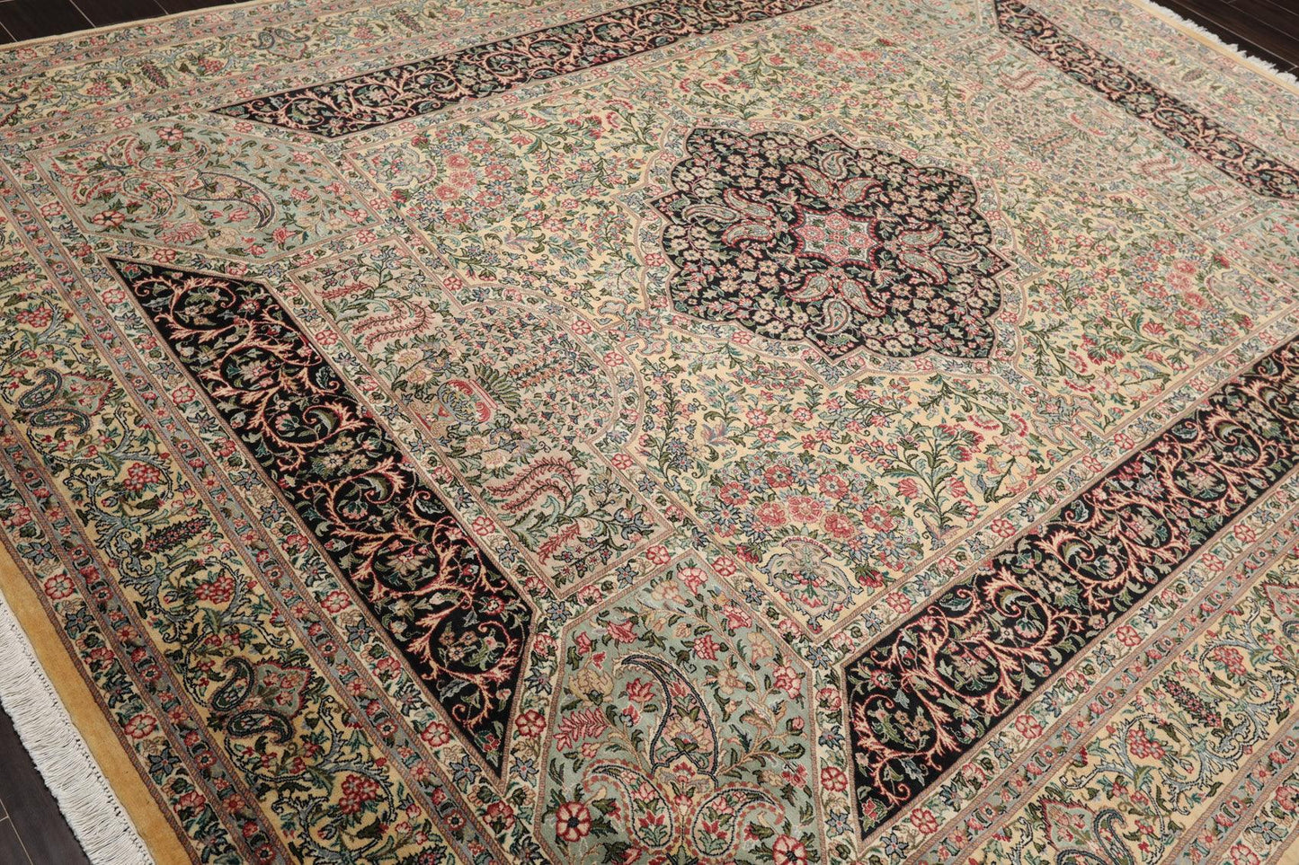 8'1"x 10'3" Hand Knotted Wool PakPersian 300 KPSI Area Rug Ivory Black Aqua